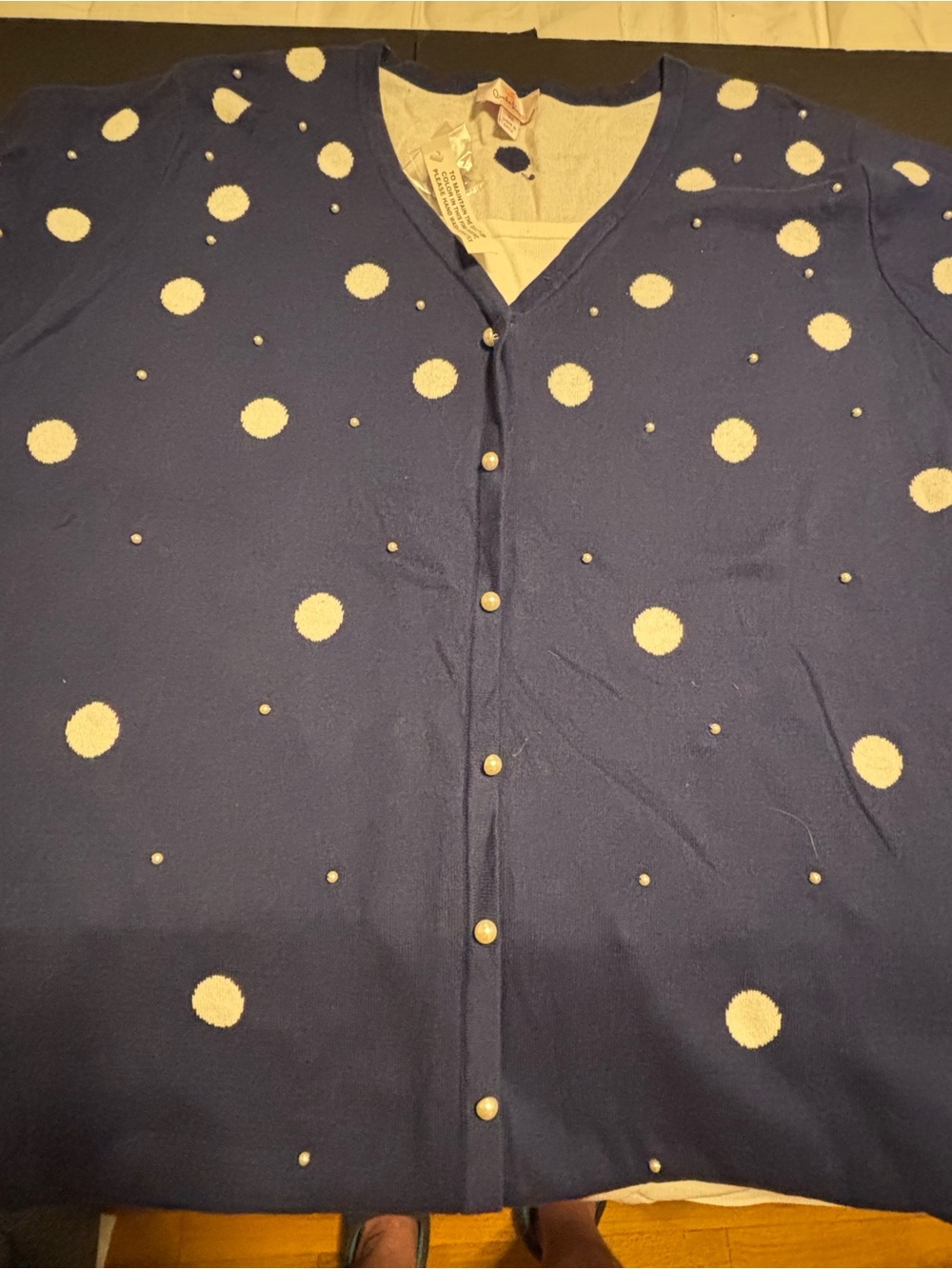 NWT Quacker Factory Navy Polka Dot Cardigan Sweater 3X Faux Pearl Beaded Knit